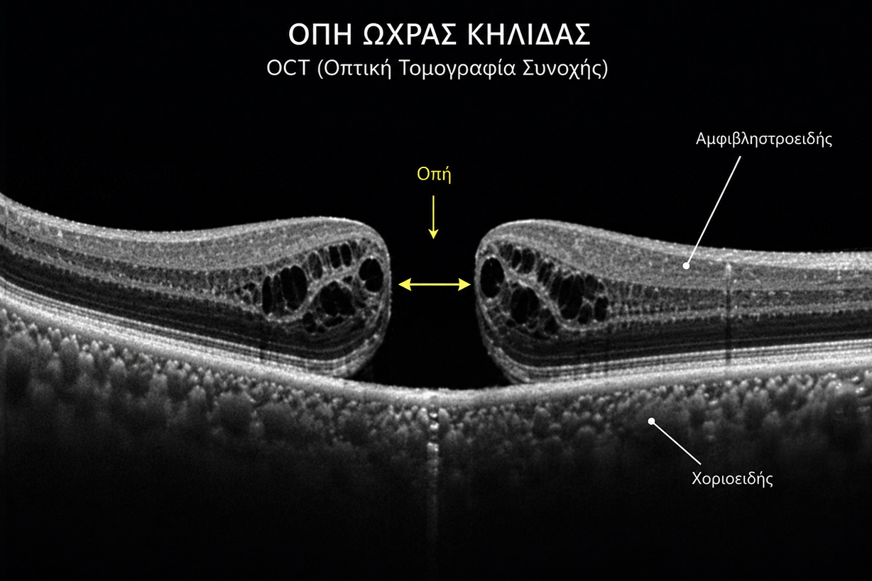 OCT απεικόνιση οπής ωχράς κηλίδας με πλήρους πάχους έλλειμμα του νευροαισθητηριακού αμφιβληστροειδούς.