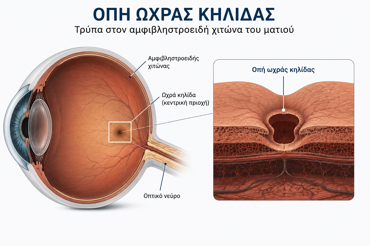 Οπή ωχράς κηλίδας τρύπα στον αμφιβληστροειδή χιτώνα του ματιού